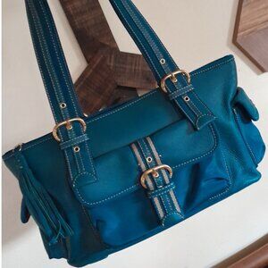 Leather 100% Nylon Trim The Sak Teal Blue Gold Shoulder Bag Medium